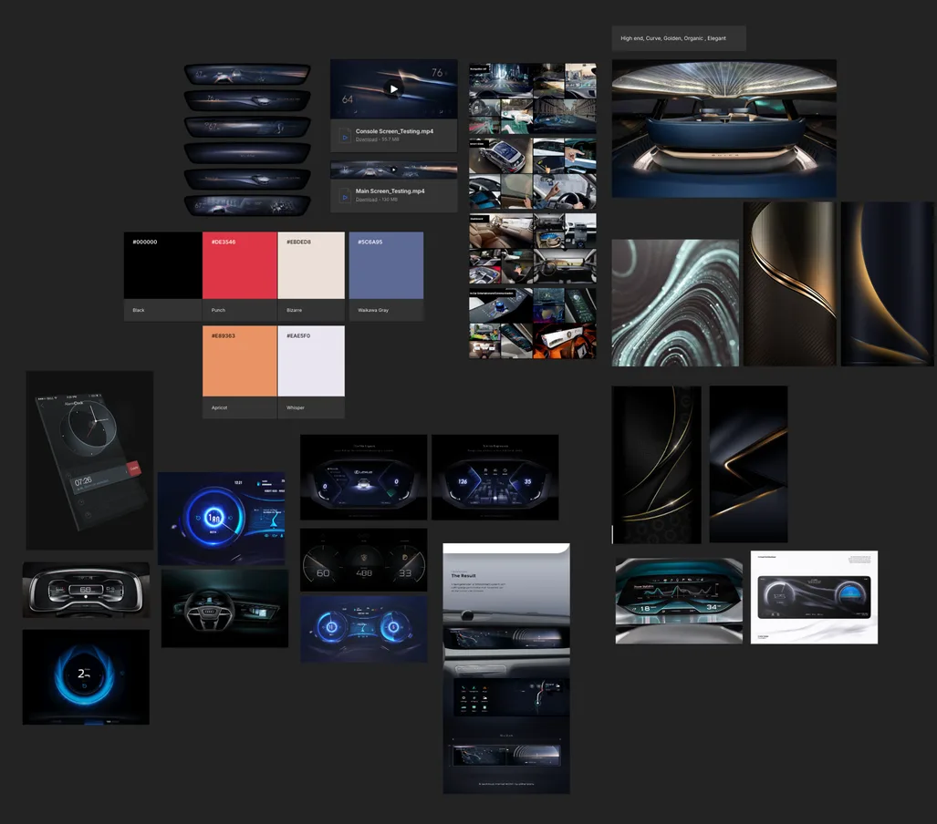 Buick UI visual research and development board with reference frames and color palette