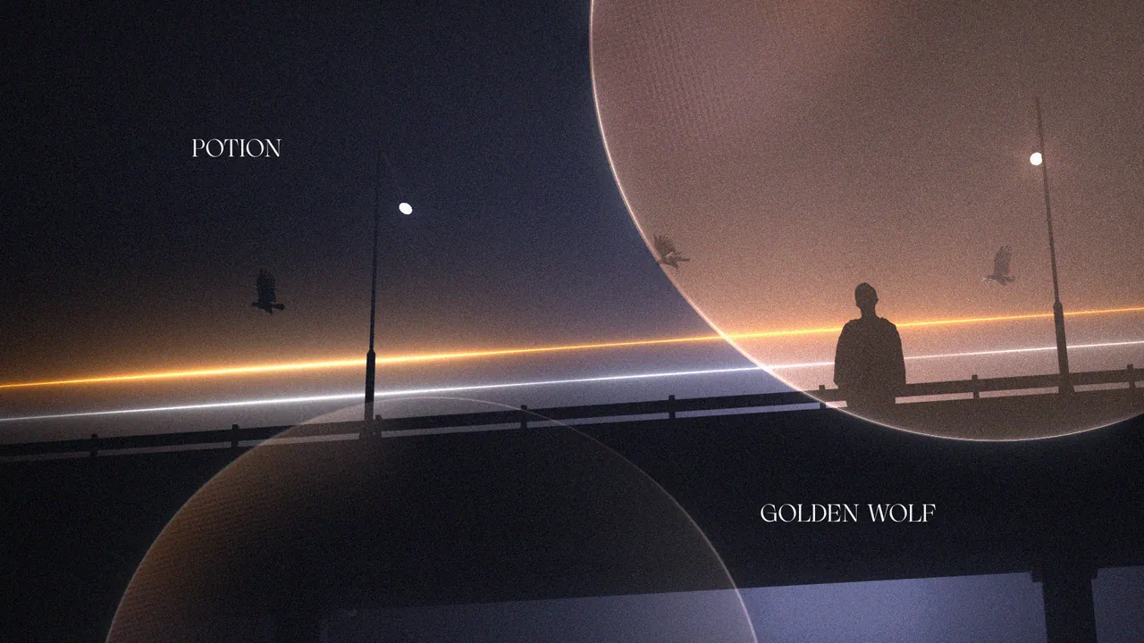 Styleframe of a figure on a bridge at dusk with a horizon line of light and large translucent circles