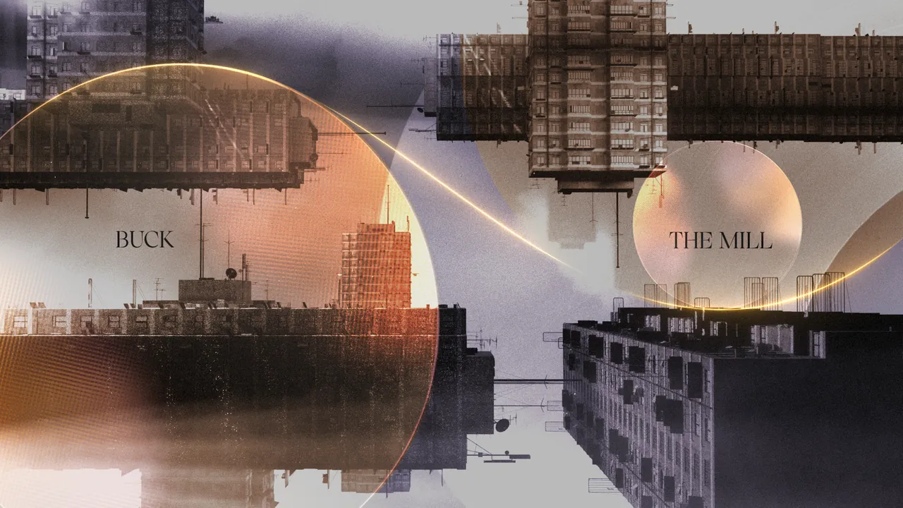 Styleframe of inverted apartment blocks with a glowing orange circle and a thin gold line