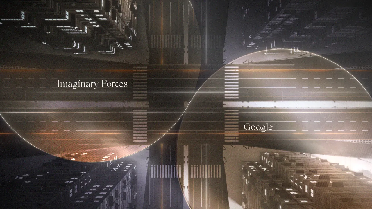 Styleframe of an aerial city intersection with two overlapping glass circles and two title lines