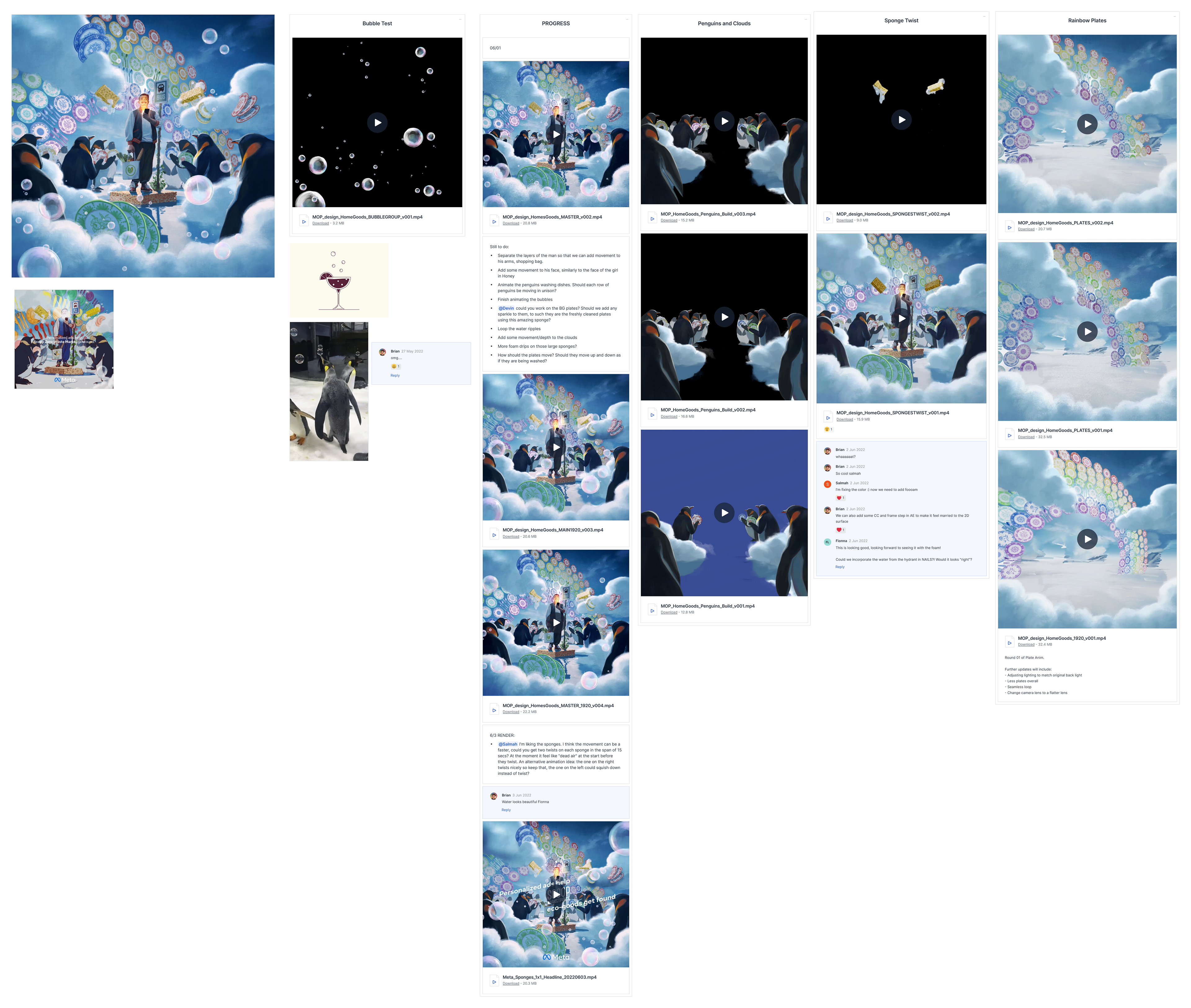 Meta animation process board showing layered character and object studies