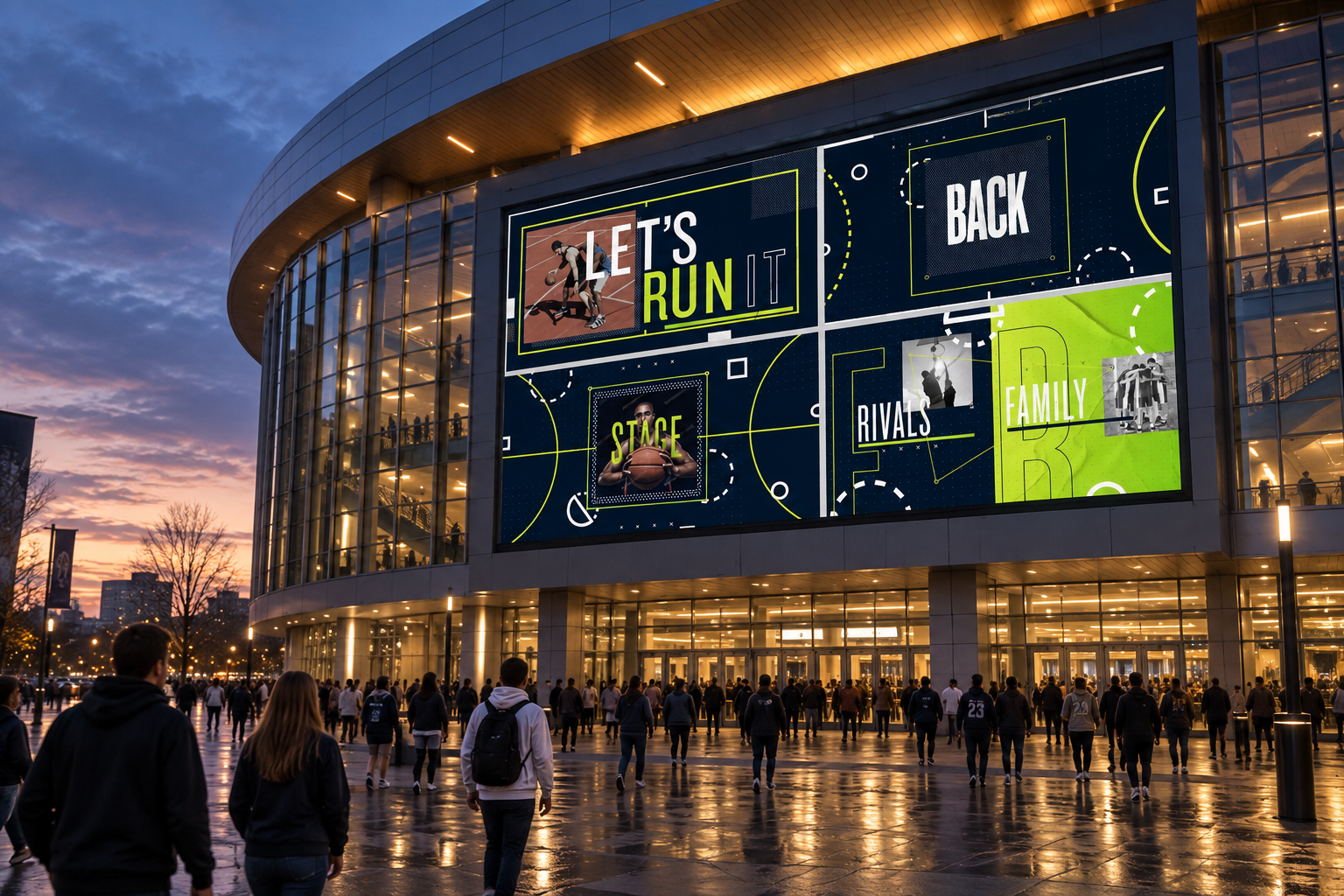 NCAA Champion Your City campaign visualized on an arena exterior screen
