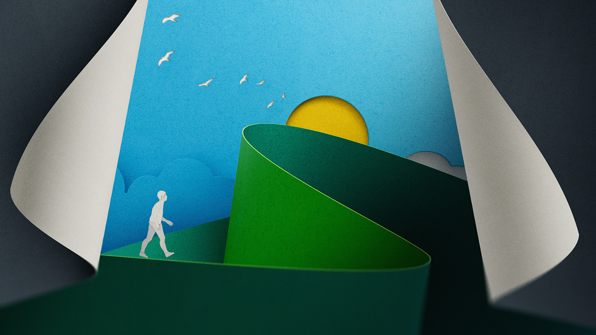 Paper landscape opening into color